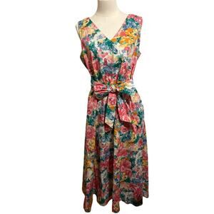 Ann‎ Klein Medium Dress Floral Cotton V Neck Floral Tea Length Cottage Whimsy